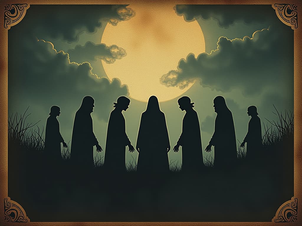  opaque silhouettes imprinted with toxic emotions, emotionally charged atmosphere, heavy and oppressive, lingering dark clouds. an illustration in the style of a worn, mystical old tarot trump card, mysterious and elements of surrealism. the colors are muted, somber and eerie, but with contrast bring out an occult and esoteric vibe.