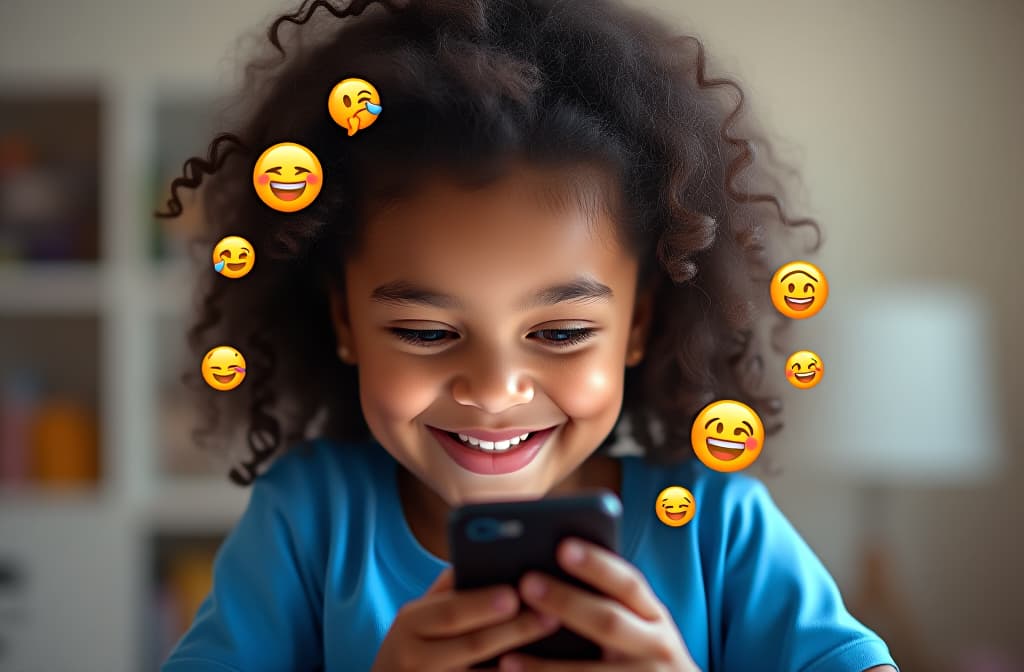  little girl, girl looking at phone, smiling, message icons, emojis, smiles around phone, blue t shirt, curly dark hair, blurred background of bright room. ar 3:2 {prompt}, maximum details