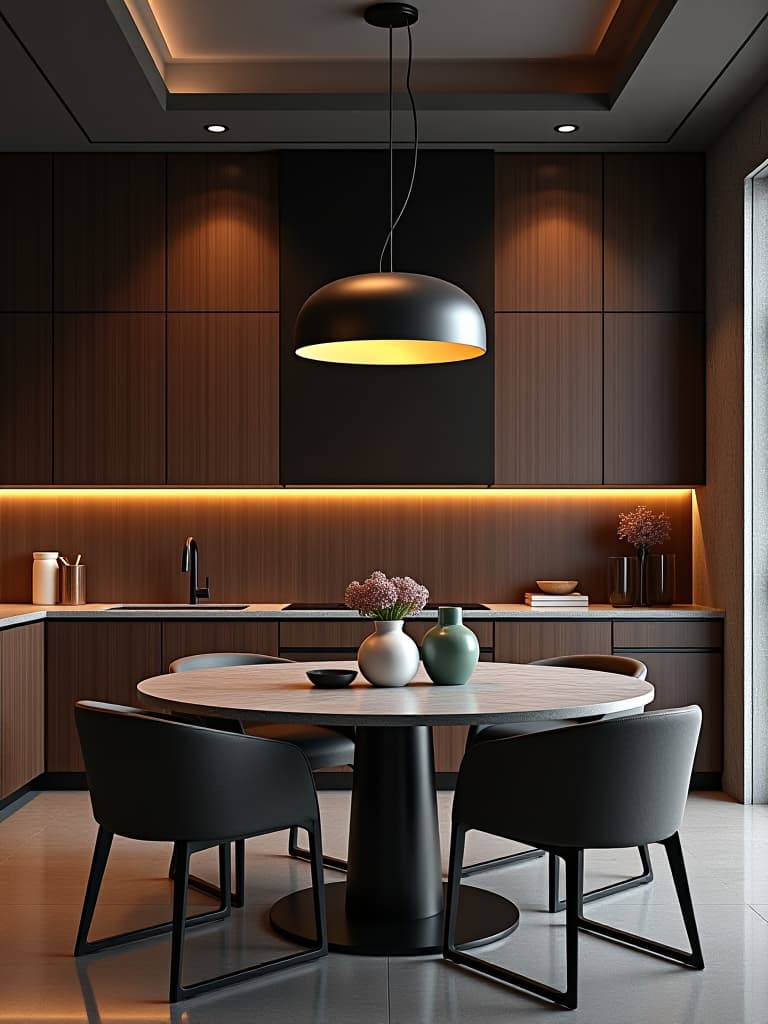  high quality portrait photo of a modern kitchen with dark wood cabinets, marble countertops, and metallic accents, featuring a dramatic pendant light fixture over a circular dining table hyperrealistic, full body, detailed clothing, highly detailed, cinematic lighting, stunningly beautiful, intricate, sharp focus, f/1. 8, 85mm, (centered image composition), (professionally color graded), ((bright soft diffused light)), volumetric fog, trending on instagram, trending on tumblr, HDR 4K, 8K