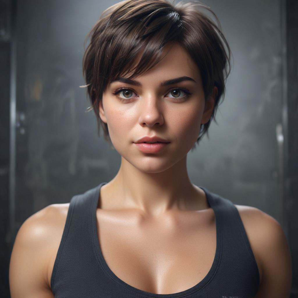 ((masterpiece)),(((best quality))), 8k, high detailed, ultra detailed,A confident short haired muscular girl, girl, ((short hair)), confident, muscular hyperrealistic, full body, detailed clothing, highly detailed, cinematic lighting, stunningly beautiful, intricate, sharp focus, f/1. 8, 85mm, (centered image composition), (professionally color graded), ((bright soft diffused light)), volumetric fog, trending on instagram, trending on tumblr, HDR 4K, 8K