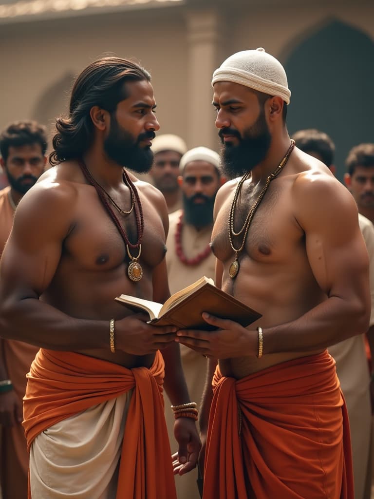  the image features two men, each holding a book. one man is on the left side of the image, while the other is on the right side. both men are shirtless, showcasing their muscular physiques. the man on the left is wearing a dhoti and hindu outfit, while the man on the right is wearing a muslim hat. in the background, there are several other people, some of whom are also holding books. the scene appears to be a gathering or event where people are discussing or sharing their knowledge. hyperrealistic, full body, detailed clothing, highly detailed, cinematic lighting, stunningly beautiful, intricate, sharp focus, f/1. 8, 85mm, (centered image composition), (professionally color graded), ((bright soft diffused light)), volumetric fog, trending on instagram, trending on tumblr, HDR 4K, 8K