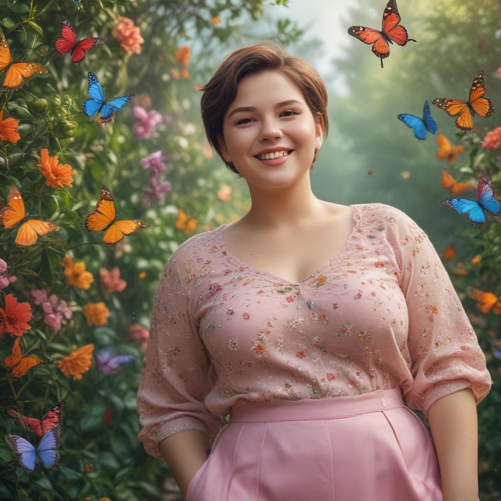 ((masterpiece)),(((best quality))), 8k, high detailed, ultra detailed, A confident short haired chubby girl, (bright smile), (colorful outfit), (butterflies flying around her), (flowers blooming in the background) hyperrealistic, full body, detailed clothing, highly detailed, cinematic lighting, stunningly beautiful, intricate, sharp focus, f/1. 8, 85mm, (centered image composition), (professionally color graded), ((bright soft diffused light)), volumetric fog, trending on instagram, trending on tumblr, HDR 4K, 8K