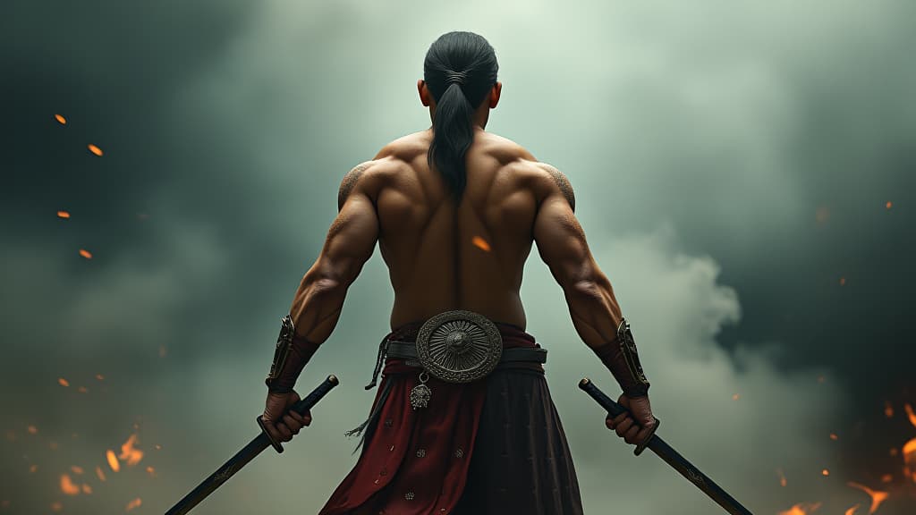  an ancient warrior in open muscular body, holding swords in both hands, depicted from the back view in a smoke filled environment., high quality, high details, hd, perfect composition, 4k epic detailed, highly detailed, sharp focus, high resolution