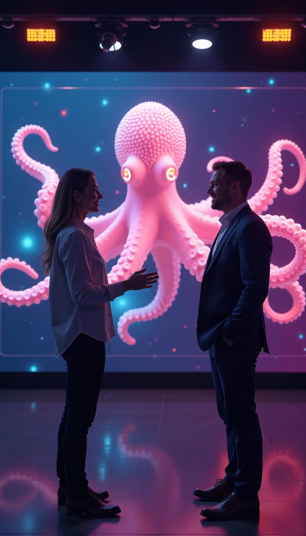  create a high quality, photorealistic image that vividly depicts the following scene: intriguing scene taking place inside a sleek modern studio, vivid color palette and ambient lighting. at the center, a charismatic host with expressive features and sparkling eyes, his excitement palpable as he shares the fun fact about an octopus having three hearts. in the background, a magnificent, hyper realistic holographic display showcasing an animated octopus with its pulsating, glowing hearts. lively interaction between the host and the hologram, setting a tone of joy and fascination. canon eos r3, nikon, f/1.4, iso 200, 1/200s, 4k, raw, perfect balance, center staged, unedited, 4k. the image should: focus on the specific actions,  hyperrealistic, full body, detailed clothing, highly detailed, cinematic lighting, stunningly beautiful, intricate, sharp focus, f/1. 8, 85mm, (centered image composition), (professionally color graded), ((bright soft diffused light)), volumetric fog, trending on instagram, trending on tumblr, HDR 4K, 8K