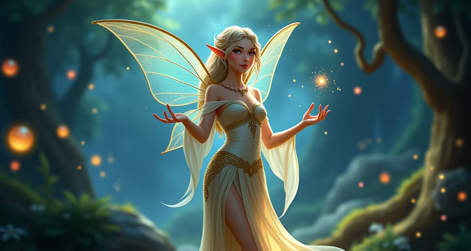  magical elf in shimmering attire, with celestial orbs floating around, standing in an enchanted forest, atmosphere of moving from self to divine trust and service. the style is digital art illustration,highly detailed, whimsical,magical, dreamlike atmosphere, realism and fantasy blend, smooth, glossy textures,luminous quality, wonder and enchantment.