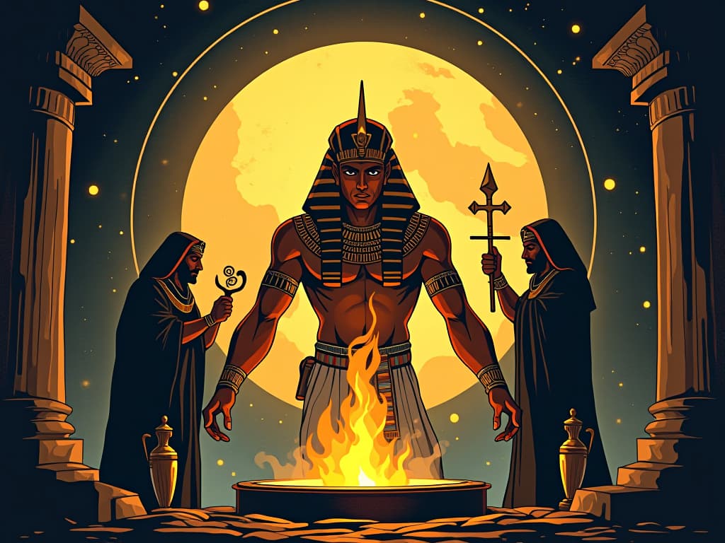  lunar energy surrounding an ancient forge, craftsmen creating artifacts, symbolizing drive to diversify. the style is digital art illustration / modern comic book / mysterious occult, symbolic, esoteric vibe,high detail on character design, incorporating ancient egyptian symbology and attire.