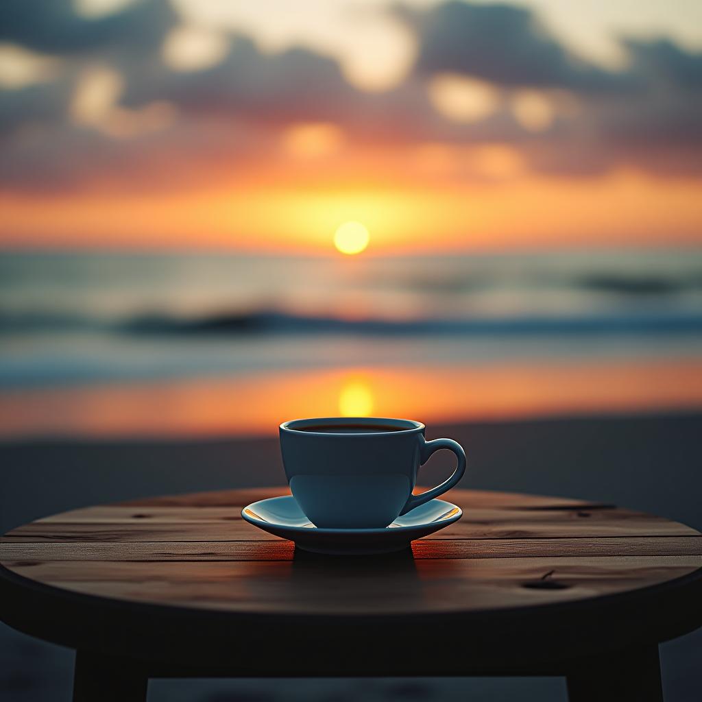  close up portrait of a cup of coffee standing on a simple wooden aesthetic table on the beach against the backdrop of dawn, dramatic and cinematic lighting, fuzzy background hyperrealistic, full body, detailed clothing, highly detailed, cinematic lighting, stunningly beautiful, intricate, sharp focus, f/1. 8, 85mm, (centered image composition), (professionally color graded), ((bright soft diffused light)), volumetric fog, trending on instagram, trending on tumblr, HDR 4K, 8K