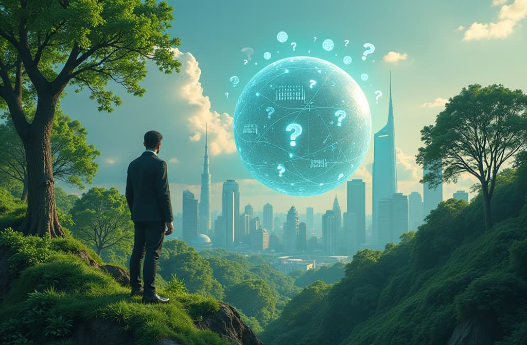  "create an imaginative digital landscape where a futuristic cityscape is intertwined with lush green nature. in the foreground, a colossal glowing orb symbolizes artificial intelligence, radiating streams of data as they flow through interactive holograms of books and floating question marks. the skyline features sleek, modern architecture alongside trees that have binary code etched into their bark, while dynamic clouds overhead form shapes that represent dialogue bubbles, evoking a sense of knowledge exchange and exploration." hyperrealistic, full body, detailed clothing, highly detailed, cinematic lighting, stunningly beautiful, intricate, sharp focus, f/1. 8, 85mm, (centered image composition), (professionally color graded), ((bright soft diffused light)), volumetric fog, trending on instagram, trending on tumblr, HDR 4K, 8K