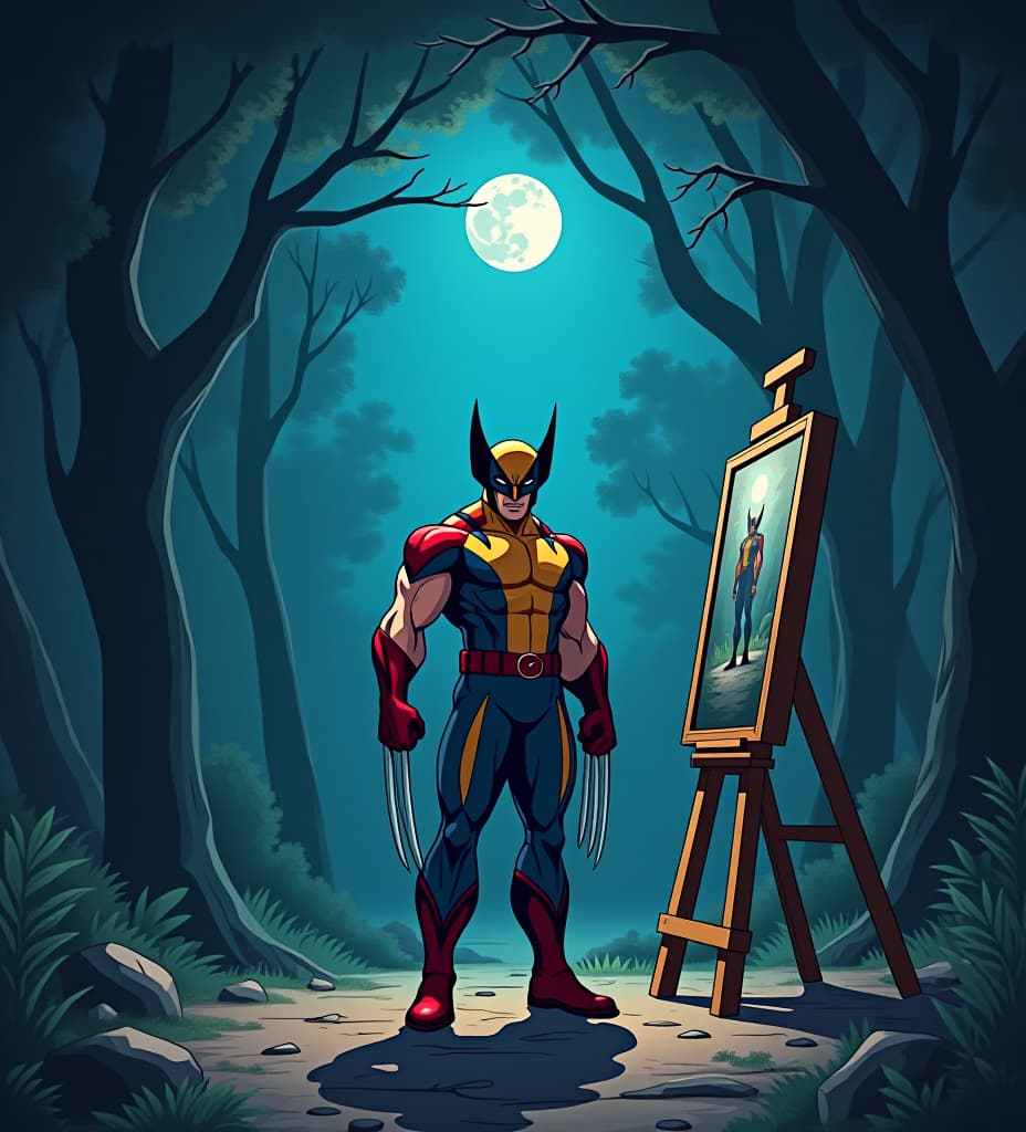  anime, anime sytle, anime image, cartoon, real cartoon, real anime, "generate a hyper realistic, ultra detailed 4k/8k image “wolverine was painting a night nature scene but the painting was destroye, background painting room."