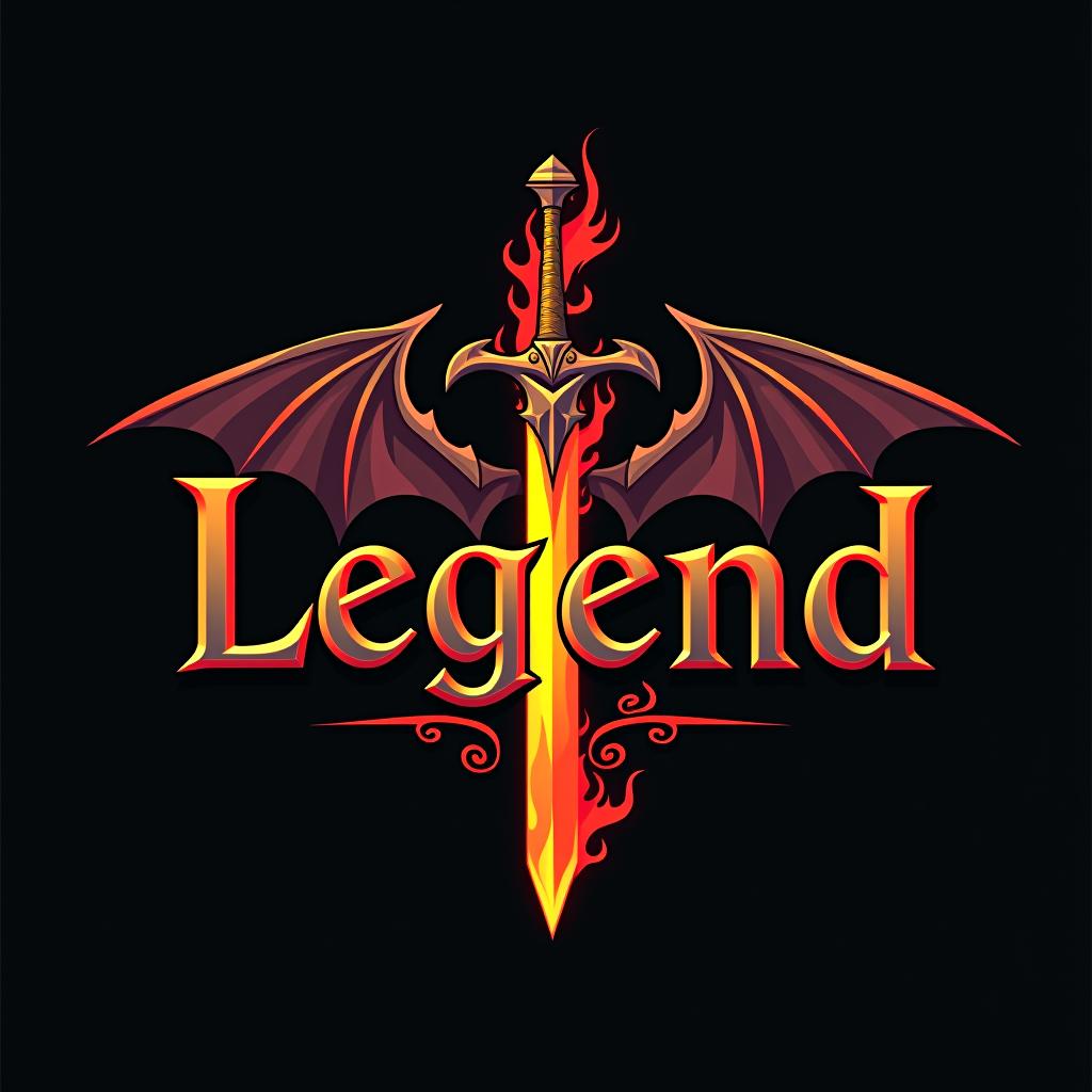  design a logo, custom sticker design on an isolated black background with the words ‘legend’ in bold font decorated by mythical dragons and a flaming sword