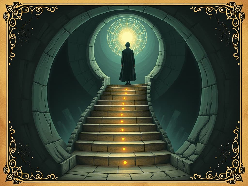  a person ascending a luminous spiral staircase, each step glowing, ethereal surroundings, sense of enlightenment and progression. an illustration in the style of a worn, mystical old tarot trump card, mysterious and elements of surrealism. the colors are muted, somber and eerie, but with contrast bring out an occult and esoteric vibe.