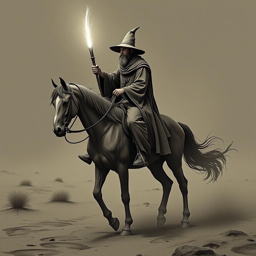  a wizard riding a horse, charcoal sketch, in a desert, flashlight, hdr 4k hyperrealistic, full body, detailed clothing, highly detailed, cinematic lighting, stunningly beautiful, intricate, sharp focus, f/1. 8, 85mm, (centered image composition), (professionally color graded), ((bright soft diffused light)), volumetric fog, trending on instagram, trending on tumblr, HDR 4K, 8K