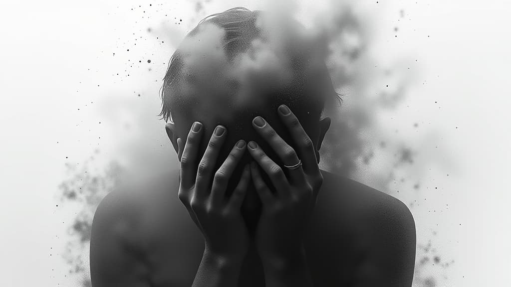  a conceptual artwork of a man disintegrating into dust, in black and white, symbolizing despair and anxiety., high quality, high details, hd, perfect composition, 4k epic detailed, highly detailed, sharp focus, high resolution