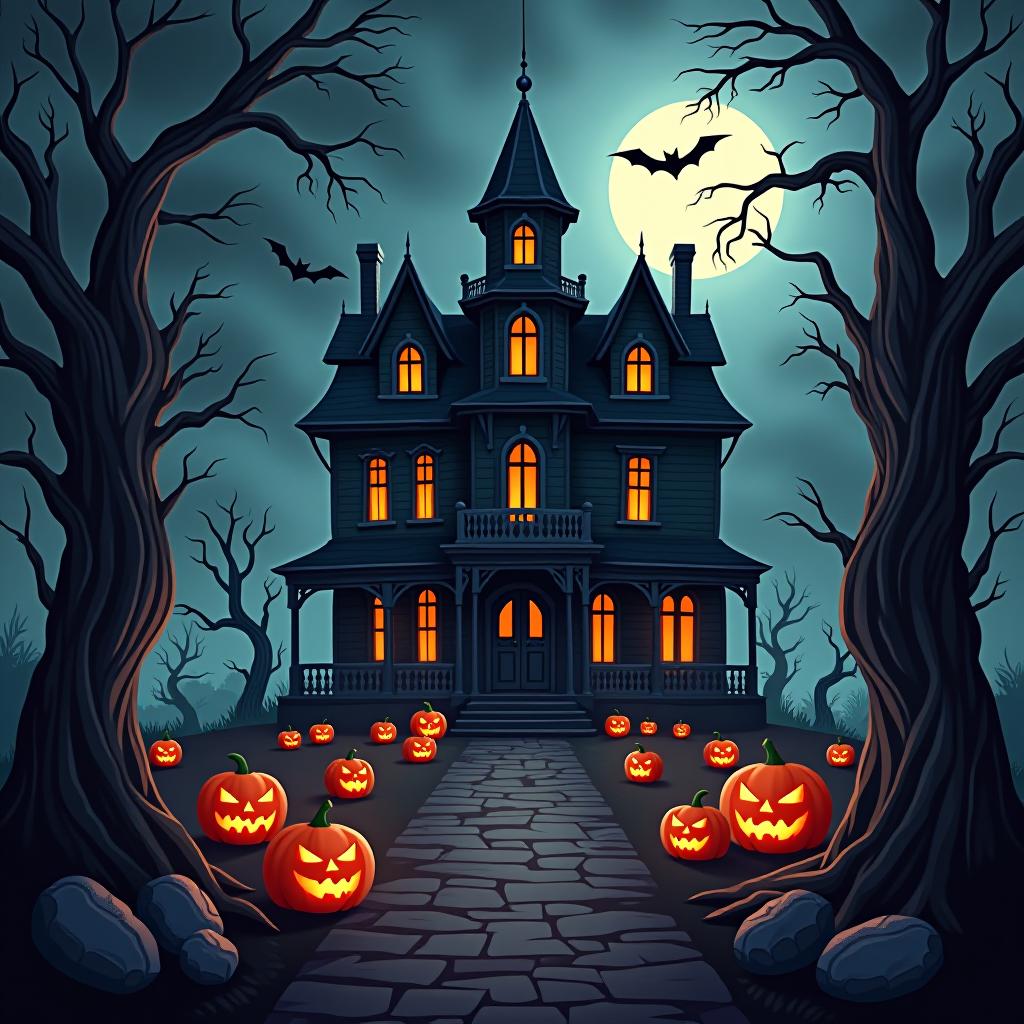  create a seamless digital painting of a spooky, halloween themed scene featuring a haunted house with gothic architecture. the house should be surrounded by twisted, gnarled trees and a multitude of jack o' lanterns. the scene should include a dark, cloudy sky to enhance the eerie atmosphere. the overall style should be detailed and atmospheric, capturing the essence of a haunted, creepy environment perfect for halloween, ensuring the design is seamless for use in repeating patterns or wraps.