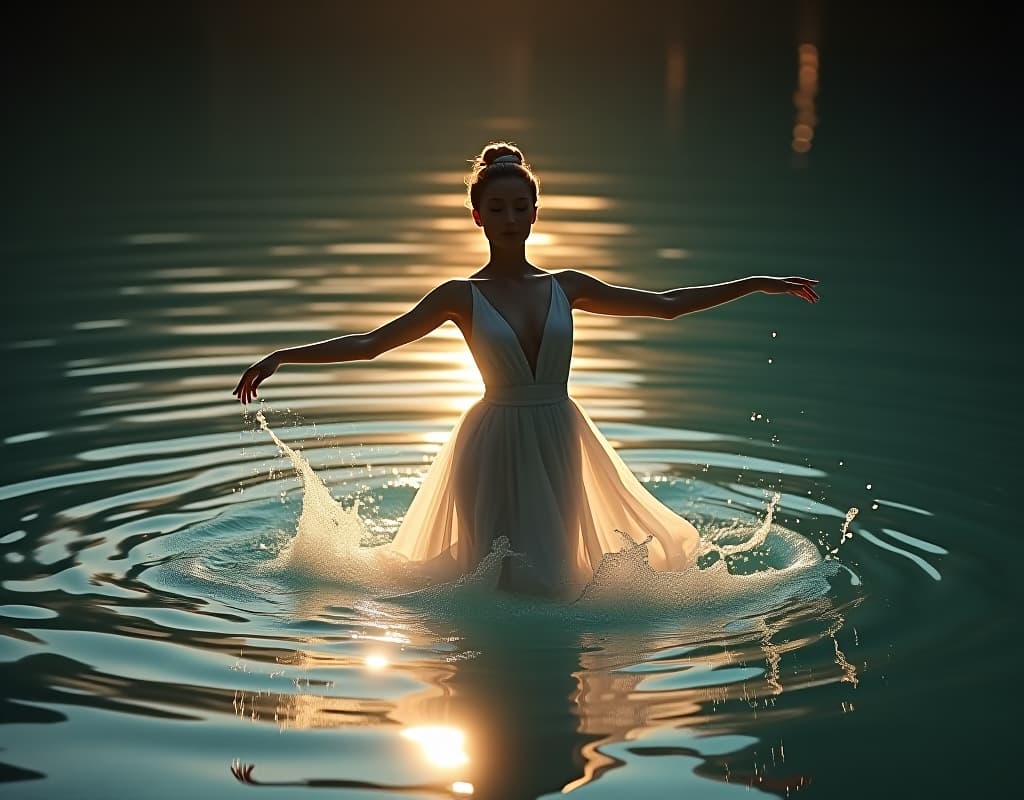  a hyperrealistic, ultra detailed cinematic film still of a graceful dancer, their movements causing shimmering ripples in a shallow pool. the water reflects their every step, sending up sparkling splashes that catch the soft volumetric light. the scene is a fantasy, brimming with magic, rendered with ultra sharp focus, crystal clear detail, and extreme contrast. the intricate, vibrant textures and shimmering effects create a mesmerizing image, reminiscent of vfx fine art and ultra cgi rendering. the image is presented in 16k resolution, 3d, and hdr for a truly immersive and hyperdetailed experience. it is a concept art masterpiece that captures the essence of fantasy core.hyper detail, intricate details, sharp focus, high resolution, 8k, u