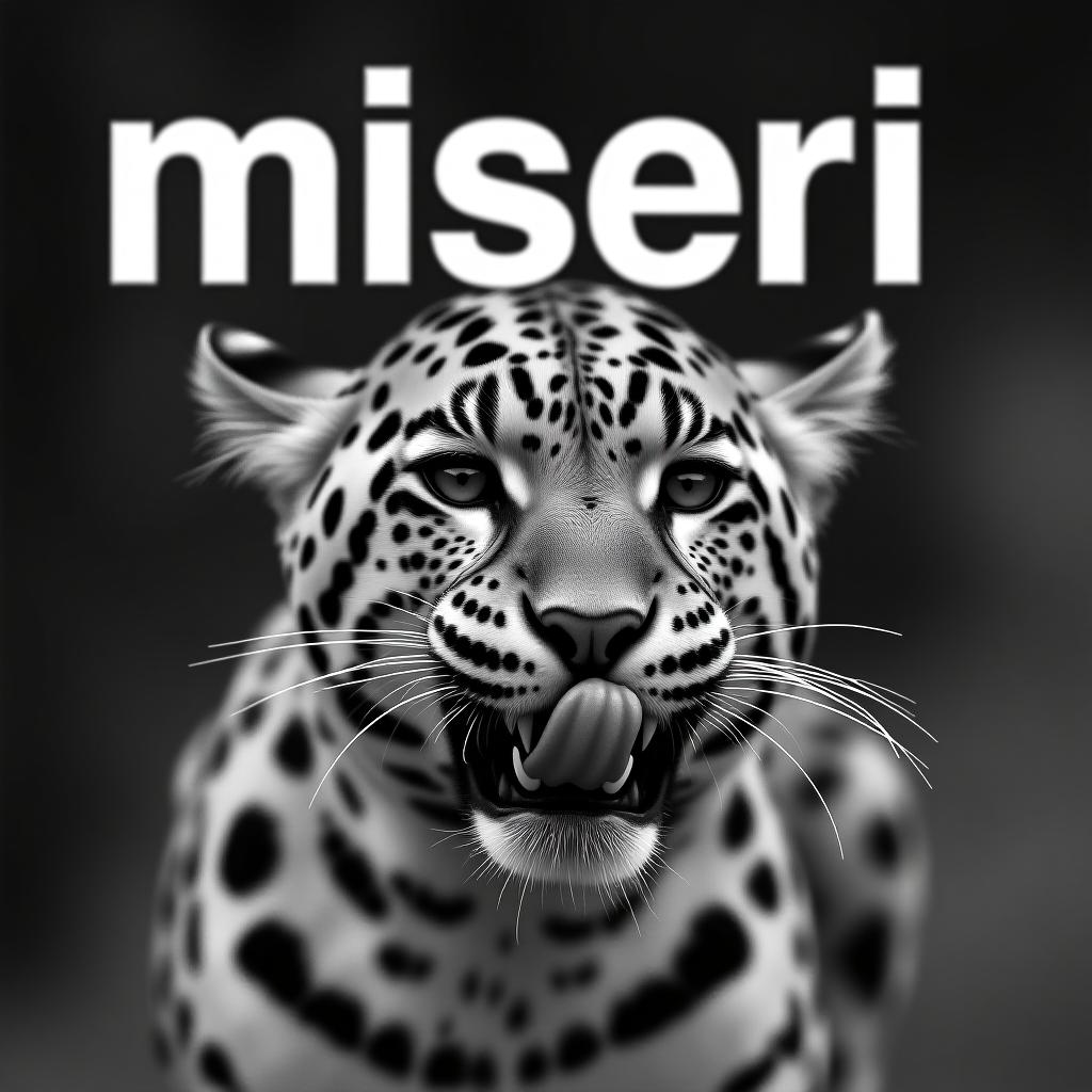  a black and white photograph of a leopard licking itself, with the word "miseri" in the background.