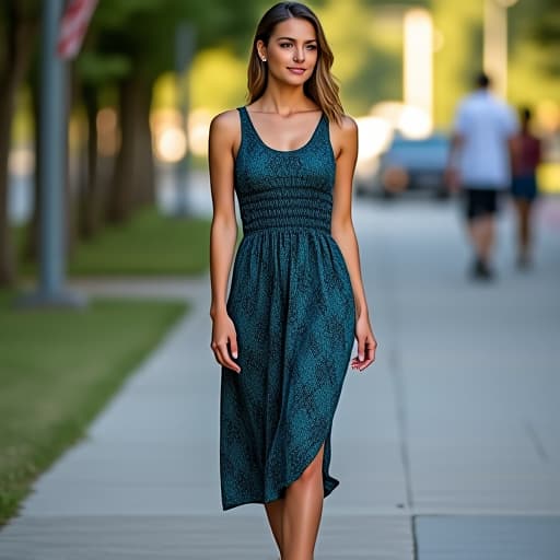  create a high quality, full body image of a woman in a casual setting, wearing a slim fit, sleeveless, knee length, asymmetrical hem, off shoulder midi dress made of lightweight polyester. the dress features a crinkled, printed fabric design in black (rgb(0,0,0)), royal blue (rgb(5,62,235)), and neon green (rgb(1,254,43)), with a smocked texture and an embroidered logo. the woman should be standing confidently, slightly turned to the side to showcase the dress’s asymmetrical hem and off shoulder style.