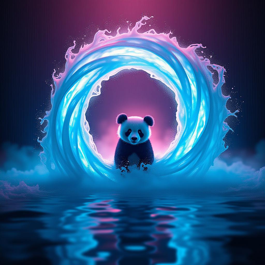  a captivating scene featuring a rain of electric blue fire and a vortex of soft pink water, with the silhouette of a panda in the middle, shot on olympus om d e m1x, displaying a photorealistic, volumetric, and dynamic appearance