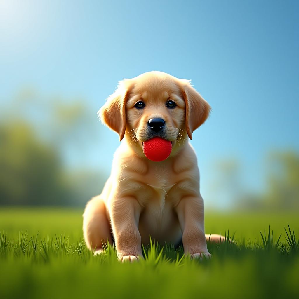  a golden retriever puppy sitting on a lush green lawn, with a red ball in its mouth, under a sunny blue sky hyperrealistic, full body, detailed clothing, highly detailed, cinematic lighting, stunningly beautiful, intricate, sharp focus, f/1. 8, 85mm, (centered image composition), (professionally color graded), ((bright soft diffused light)), volumetric fog, trending on instagram, trending on tumblr, HDR 4K, 8K