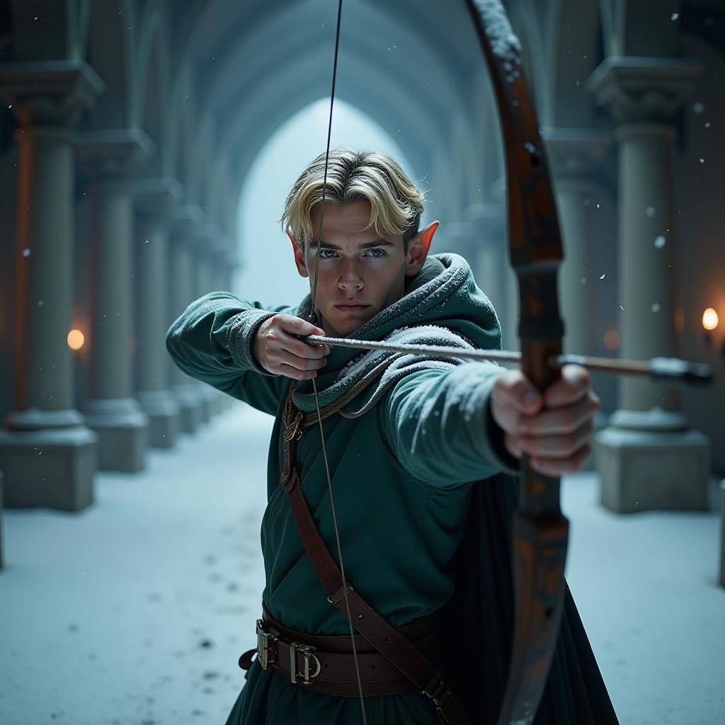  cinematic photo digital photo. a large hall with high vaults covered with darkness. too dark. a strong wind blows, a snowstorm sweeps. bad visibility. close up. a blonde young male elf archer shrouded in a snow whirlwind shoots from a bow . 35mm photograph, film, bokeh, professional, 4k, highly detailed