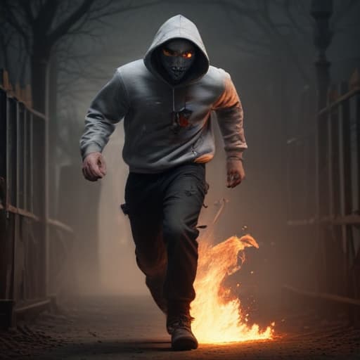 Lonely escaped prisoner wearing a gray hoodie and black pants. He is running in the dark but is super fast. He is being chased and is wearing a purge mask with “X” drawn glowing over his eyes on the mask. Flames come from his shoes from the speed and friction which leaves a path of smoke. The bottom right corner of the picture has a rap album warning which notifies the listener of the album that there is explicit language. in Steampunk style