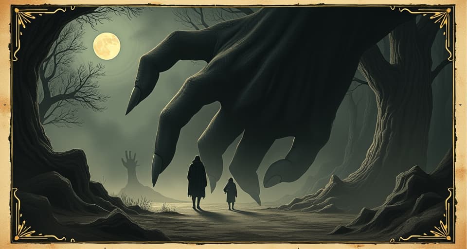  figures being pulled into the shadows, ominous grasp, dark, treacherous, engulfing. an illustration in the style of a worn, mystical old tarot trump card, mysterious and elements of surrealism. the colors are muted, somber and eerie, but with contrast bring out an occult and esoteric vibe.