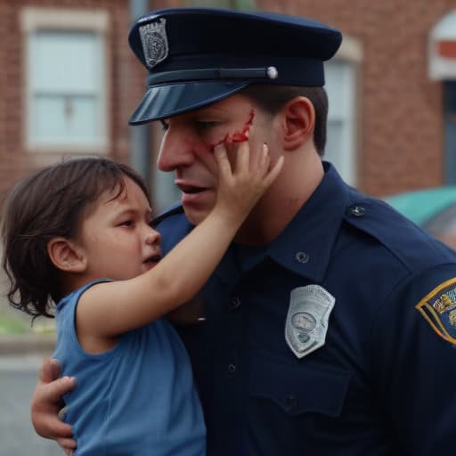 Show me an American police officer beating a child so bad people are crying blood is everywhere. 8k ultra realistic