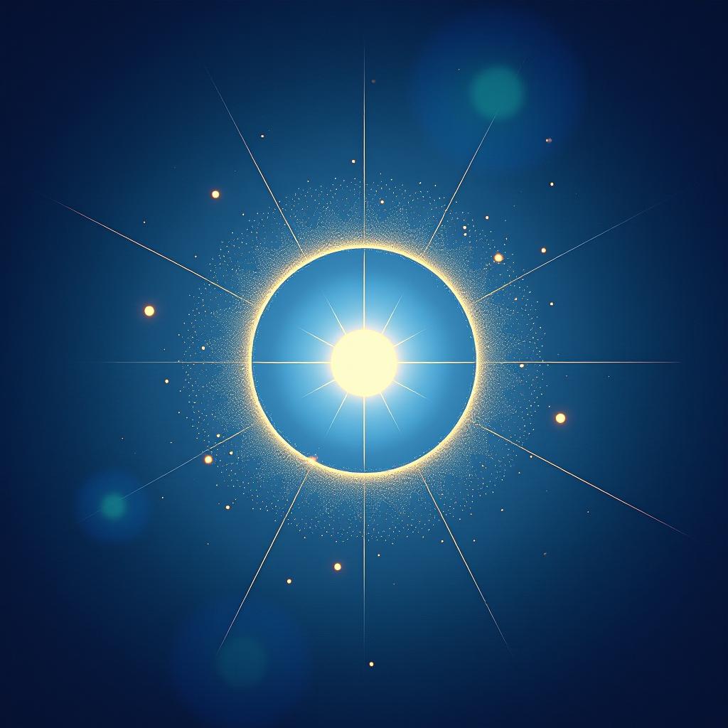  a blue background, scattered glowing dots, a bright circle in the center symbolizing spiritual awakening. around the circle, several thin lines symbolize the path to light.