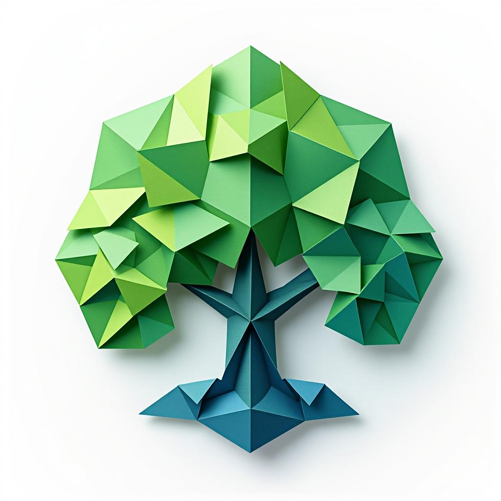  design a logo, in a origami style. watercolor style, logo of a tree, green and blue