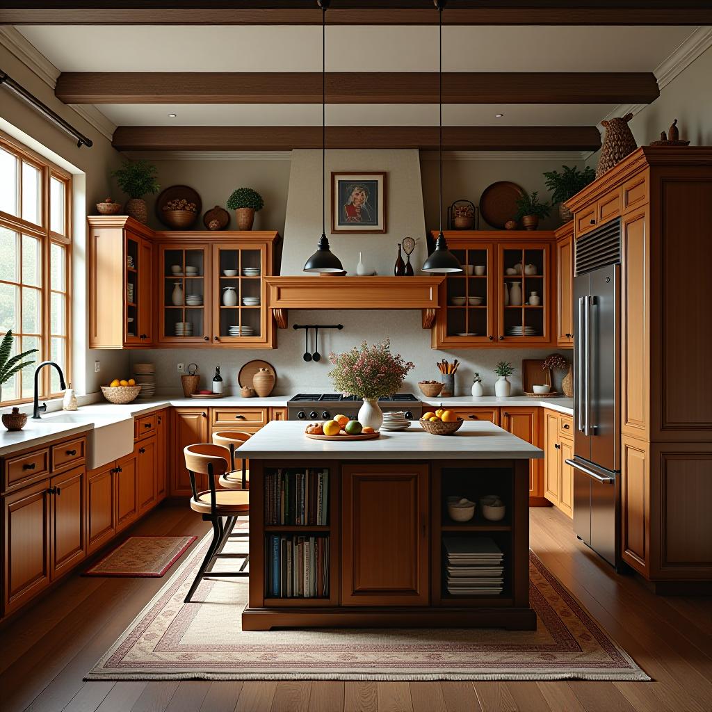  this is an unedited 8k photograph capturing a large kitchen with dense furnishings and decorations. the image showcases a symmetrical balance and is taken in sharp focus to highlight hyperrealistic, highly detailed, and intricate features. it is professionally color graded with hdr and bright soft diffused light to enhance the stunning beauty of the scene. the furniture color is complementary, adding depth and contrast to the overall composition. the photo remains in raw format, preserving its original high quality.