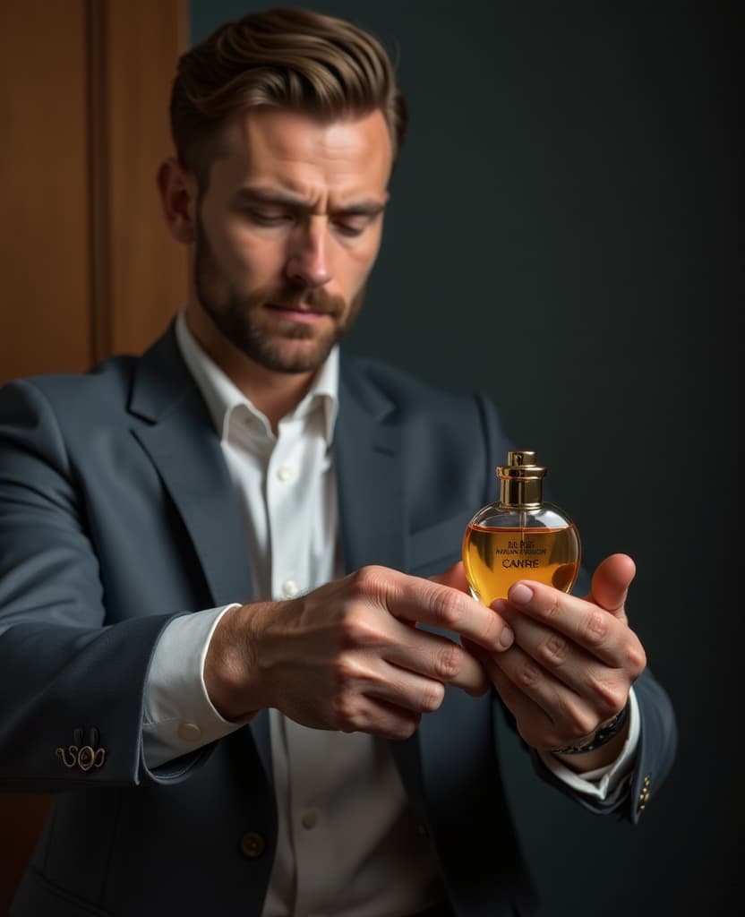  a man demonstrates the process of applying perfume to the wrist with the help of perfume, how easy and convenient it is to use our product in any situation. this emphasizes functionality and usability.