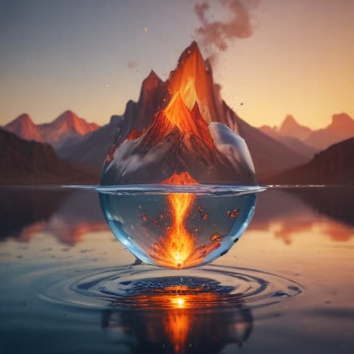 An image of a piece of earth on fire within a water droplet floating around in the air in Comic Art style with Mountains background