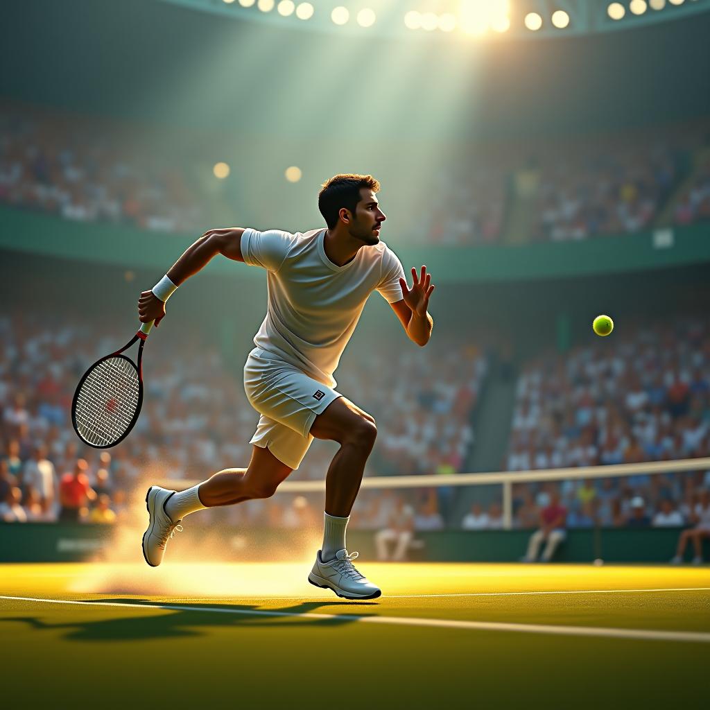  create a high quality, photorealistic image that vividly depicts the following scene: an adrenaline charged scene unfolding in a grand professional tennis stadium during an intense match. the main figure, a determined male tennis player, is vividly captured in the middle of an all out dash. he wears an all white athletic outfit soaked in sweat from running around. his powerful muscles show intense stress as he makes a dive with his racket outstretched for a crucial return, the swift tennis ball suspended in the shot, zipping across the net. the eager audience is depicted as a colorful blur in the background, their anticipation and electrified atmosphere captured in the bustling, spectator packed stadium glowing under the serene light o hyperrealistic, full body, detailed clothing, highly detailed, cinematic lighting, stunningly beautiful, intricate, sharp focus, f/1. 8, 85mm, (centered image composition), (professionally color graded), ((bright soft diffused light)), volumetric fog, trending on instagram, trending on tumblr, HDR 4K, 8K