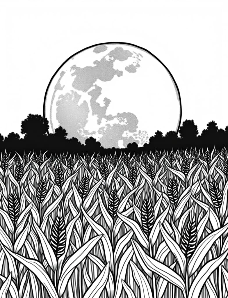  a harvest moon rising over a field of corn, black and white line art on a white background, for an adult coloring page.