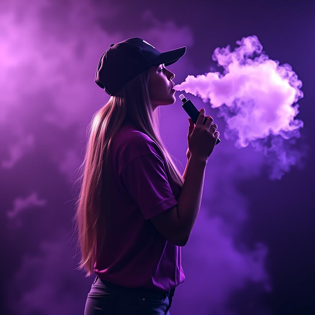  a girl with long hair, beautiful photos, and wearing a cap stands sideways from the waist up, holding a vape in her hands. the vapor from the vape comes out of her mouth, creating a beautiful cloud around her that fills the entire space, forming patterns in shades of purple. at the top of the image, there is a caption in uppercase letters: vape mania.