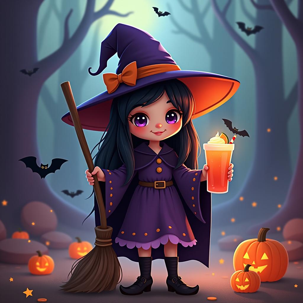  create a digital painting featuring a cute witch character. the witch should be wearing a hat. in one hand, the witch should hold a broomstick, and in the other hand, a halloween themed drink. the background should be colorful and include small black bats, pumpkins and stars to add a playful halloween touch. the overall style should be cute, whimsical, and colorful hyperrealistic, full body, detailed clothing, highly detailed, cinematic lighting, stunningly beautiful, intricate, sharp focus, f/1. 8, 85mm, (centered image composition), (professionally color graded), ((bright soft diffused light)), volumetric fog, trending on instagram, trending on tumblr, HDR 4K, 8K