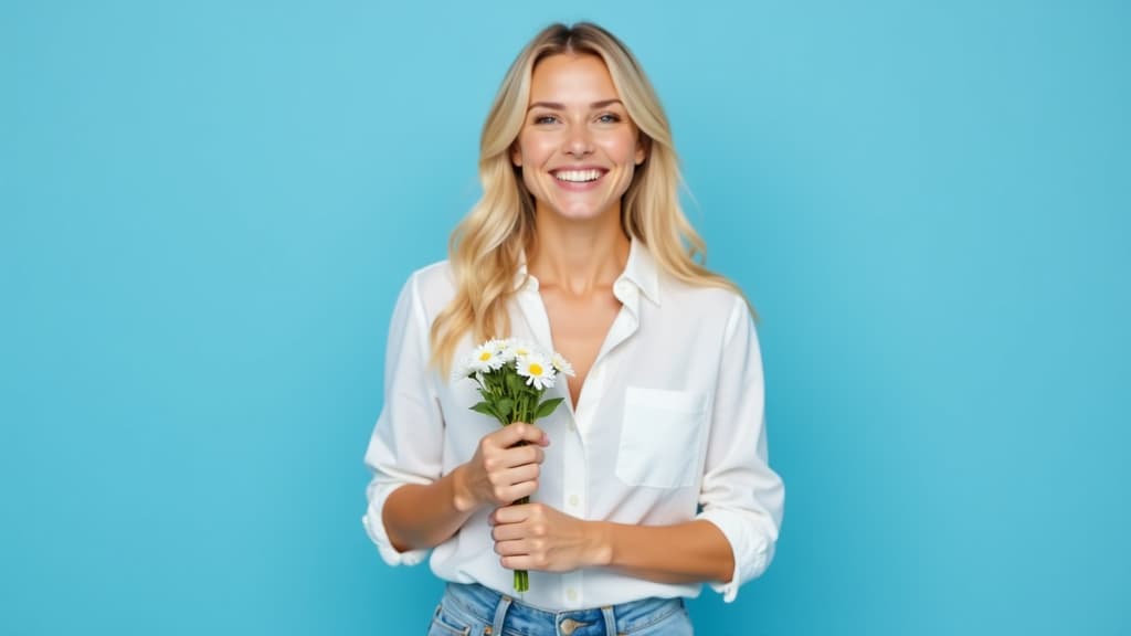  wide angle, happy woman, blonde hair, holds a bouquet of daisies, white shirt and blue jeans, blue background ar 16:9 {prompt}, maximum details