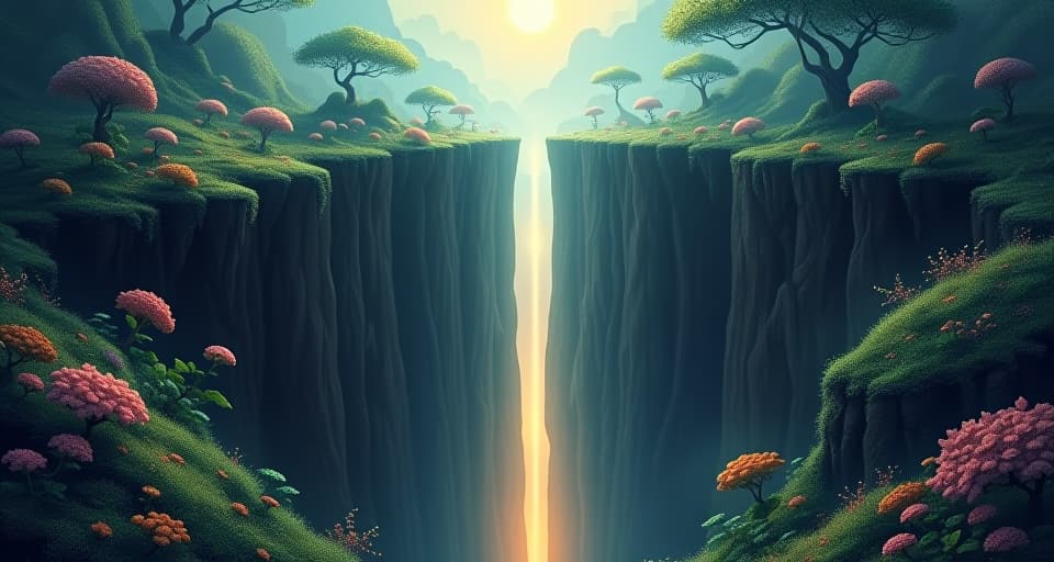  a vast, glowing chasm with no visible bottom, separating two sides. one side lush with magical flora; the other, barren and shadowed, complete severance.. the style is digital art illustration,highly detailed, whimsical,magical, dreamlike atmosphere, realism and fantasy blend, smooth, glossy textures,luminous quality, wonder and enchantment.