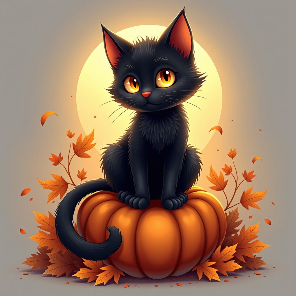  a cute black cat with glowing eyes sitting on a pumpkin, surrounded by swirling autumn leaves in a whimsical style, with warm, moody lighting. t shirt design, vector, contour, white background, no mockup hyperrealistic, full body, detailed clothing, highly detailed, cinematic lighting, stunningly beautiful, intricate, sharp focus, f/1. 8, 85mm, (centered image composition), (professionally color graded), ((bright soft diffused light)), volumetric fog, trending on instagram, trending on tumblr, HDR 4K, 8K