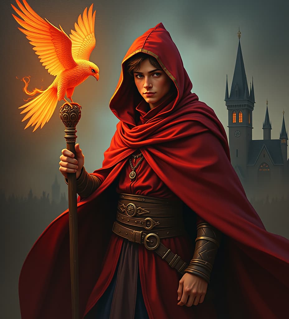  young male fire wizard, in hood, red clothes, with fire familiar bird, with magic staff, dark fantasy, oil painting, medieval city on background