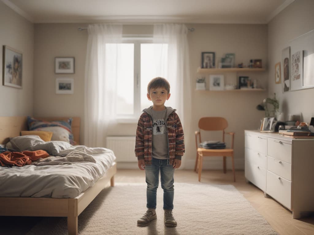 ultra realistic ((ultra realistic ((a child proudly standing in a tidy room)))) hyperrealistic, full body, detailed clothing, highly detailed, cinematic lighting, stunningly beautiful, intricate, sharp focus, f/1. 8, 85mm, (centered image composition), (professionally color graded), ((bright soft diffused light)), volumetric fog, trending on instagram, trending on tumblr, HDR 4K, 8K