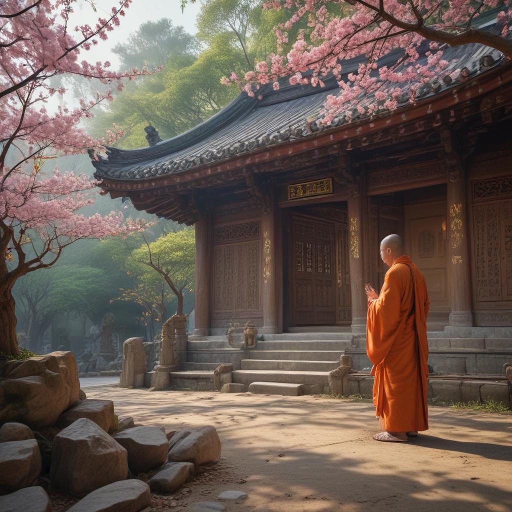 ((masterpiece)),(((best quality))), 8k, high detailed, ultra detailed, Improvements to tourism facilities in Changhua area, a serene temple surrounded by cherry blossom trees, (monks in prayer), (ancient stone carvings), peaceful atmosphere hyperrealistic, full body, detailed clothing, highly detailed, cinematic lighting, stunningly beautiful, intricate, sharp focus, f/1. 8, 85mm, (centered image composition), (professionally color graded), ((bright soft diffused light)), volumetric fog, trending on instagram, trending on tumblr, HDR 4K, 8K