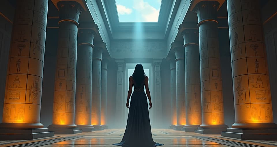  great temple, buzzing hieroglyphs falling silent, symbolizing ended gossip, serene and quiet atmosphere.. the style is digital art illustration / modern comic book / mysterious occult, symbolic, esoteric vibe,high detail on character design, incorporating ancient egyptian symbology and attire.