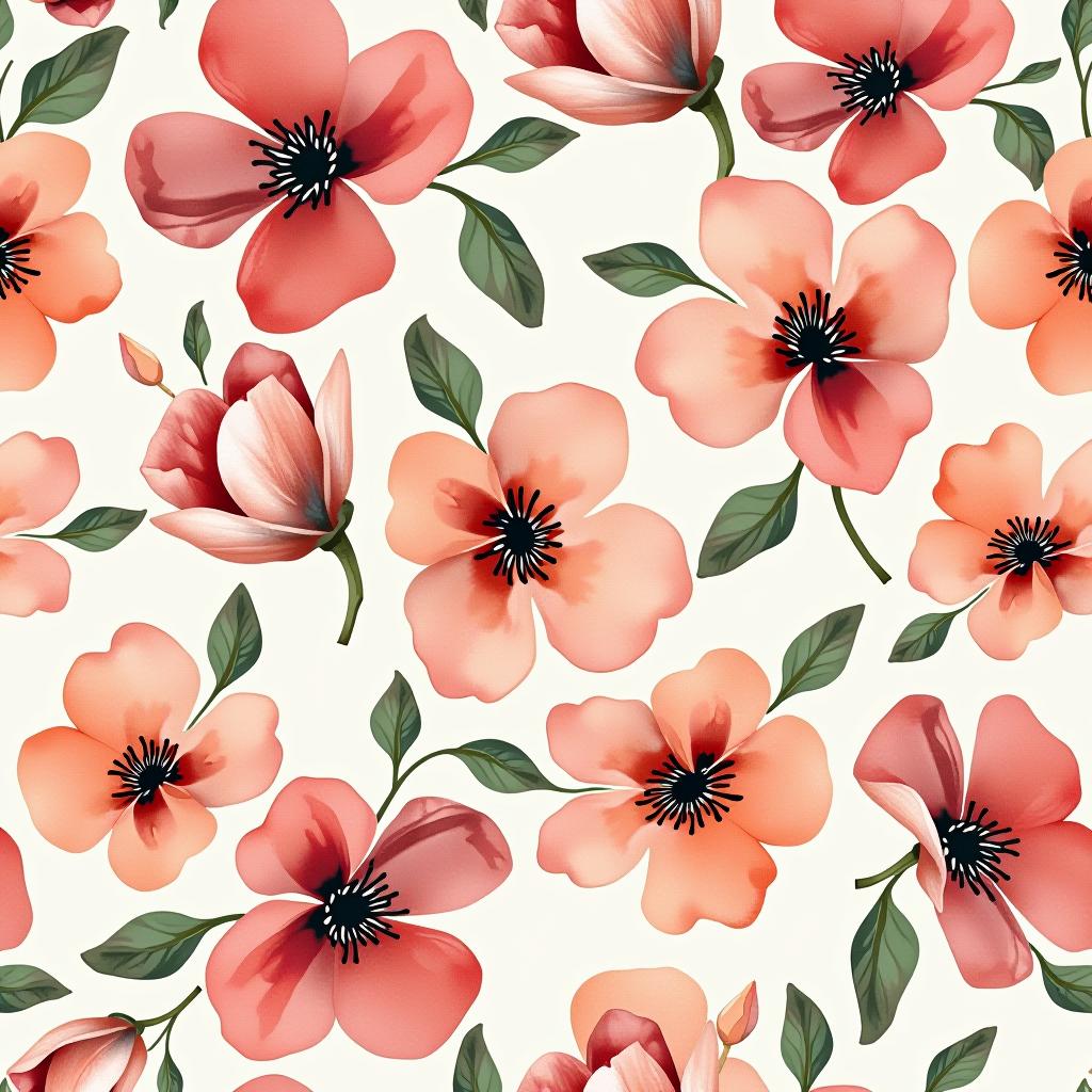  create a seamless digital design featuring a pattern of large, beautiful flowers with soft, watercolor like effects. the flowers should cover the entire surface, creating a bold, elegant, and continuous look. the overall style should be light and airy, with delicate leaves and petals to enhance the natural, floral theme. the design should be seamless to ensure it can be used in repeating patterns or wraps.