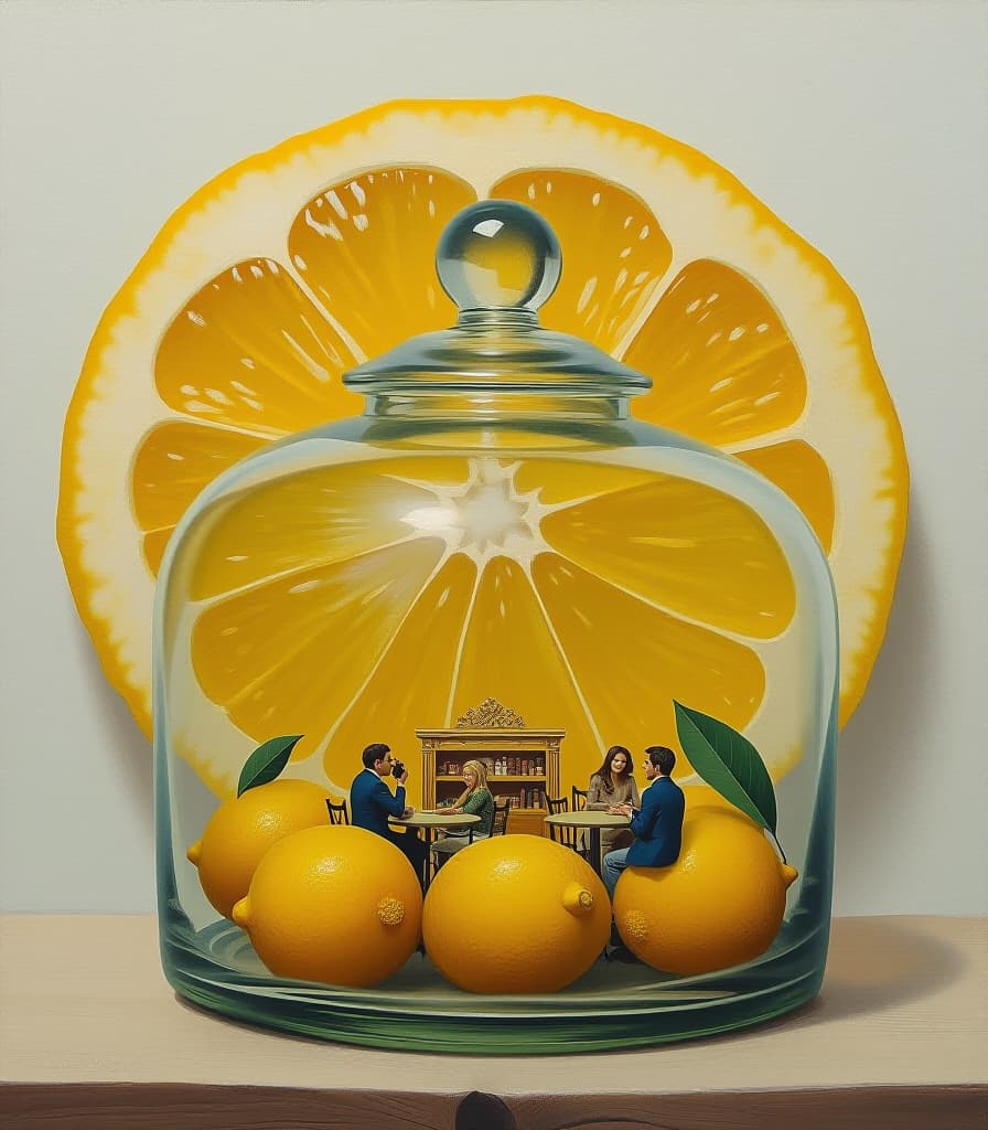  hyperrealistic art painting. oil painting. (an empty glass lemon storage vessel, inside a circle of cut lemon in the background, with a glass lid in the shape of a dome, houses a miniature cafe with tables and with visitors:1.5). surrealism style. high detail. high resolution. . extremely high resolution details, photographic, realism pushed to extreme, fine texture, incredibly lifelike