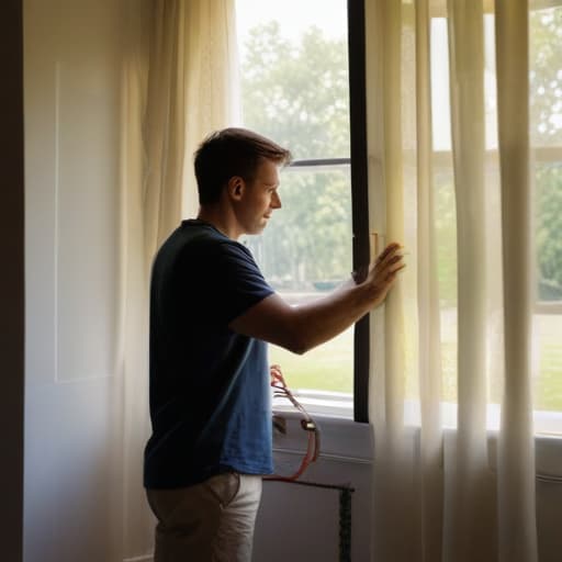 A photo of a skilled carpenter meticulously installing a sleek, modern window in an upscale residential home during the soft glow of afternoon light filtering through translucent curtains.