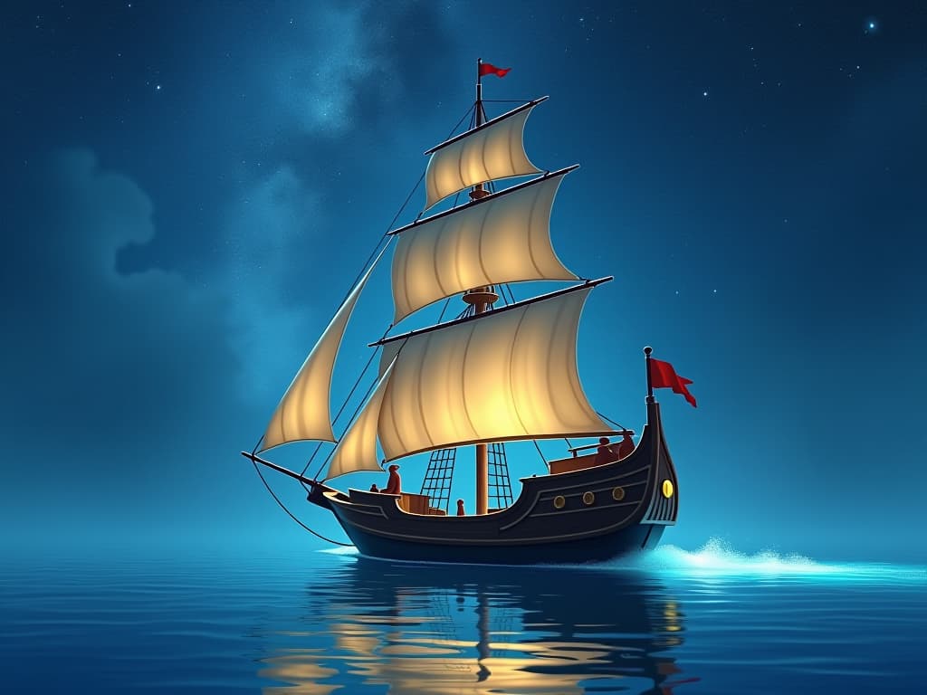  enchanted ship with translucent sails, gliding smoothly across a tranquil, luminescent sea under a starlit sky, the serene waters glowing softly in an ethereal blue light, symbolizing freedom and destiny.. the style is digital art illustration,highly detailed, whimsical,magical, dreamlike atmosphere, realism and fantasy blend, smooth, glossy textures,luminous quality, wonder and enchantment.