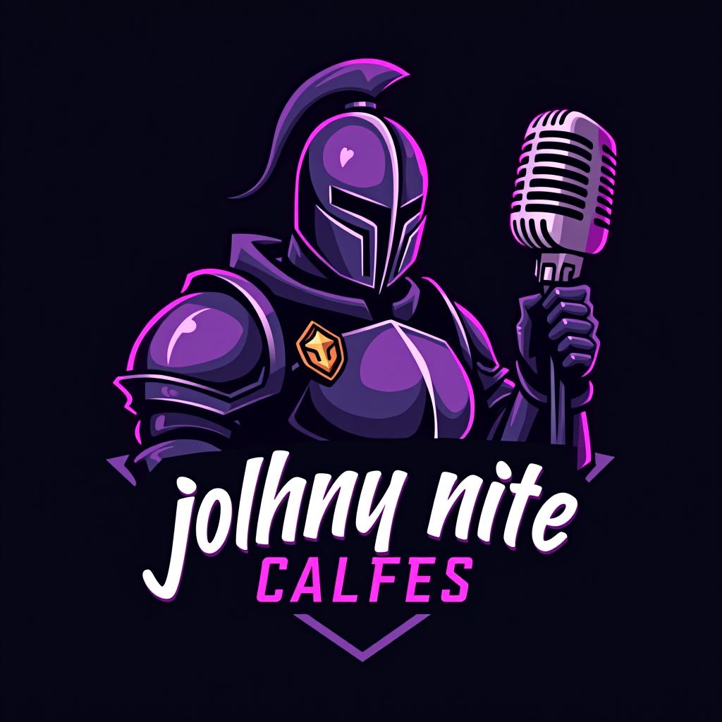  design a logo, knight with a gaming mic graffiti purple and black, with the text 'johnny nite'.