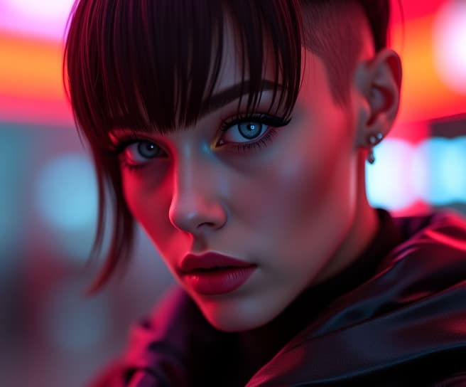  ultra realistic close up portrait ((beautiful pale cyberpunk female with heavy black eyeliner)), blue eyes, shaved side haircut, hyper detail, cinematic lighting, magic neon, dark red city, canon eos r3, nikon, f/1.4, iso 200, 1/160s, 8k, raw, unedited, symmetrical balance, in frame, 8k hyperrealistic, full body, detailed clothing, highly detailed, cinematic lighting, stunningly beautiful, intricate, sharp focus, f/1. 8, 85mm, (centered image composition), (professionally color graded), ((bright soft diffused light)), volumetric fog, trending on instagram, trending on tumblr, HDR 4K, 8K