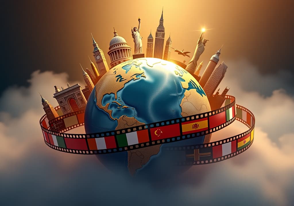  an elegant film reel unspooling across a globe, with iconic landmarks from different countries in the background, surrounded by golden statuettes and vibrant flags, capturing the essence of international cinema and cultural celebration. hyperrealistic, full body, detailed clothing, highly detailed, cinematic lighting, stunningly beautiful, intricate, sharp focus, f/1. 8, 85mm, (centered image composition), (professionally color graded), ((bright soft diffused light)), volumetric fog, trending on instagram, trending on tumblr, HDR 4K, 8K